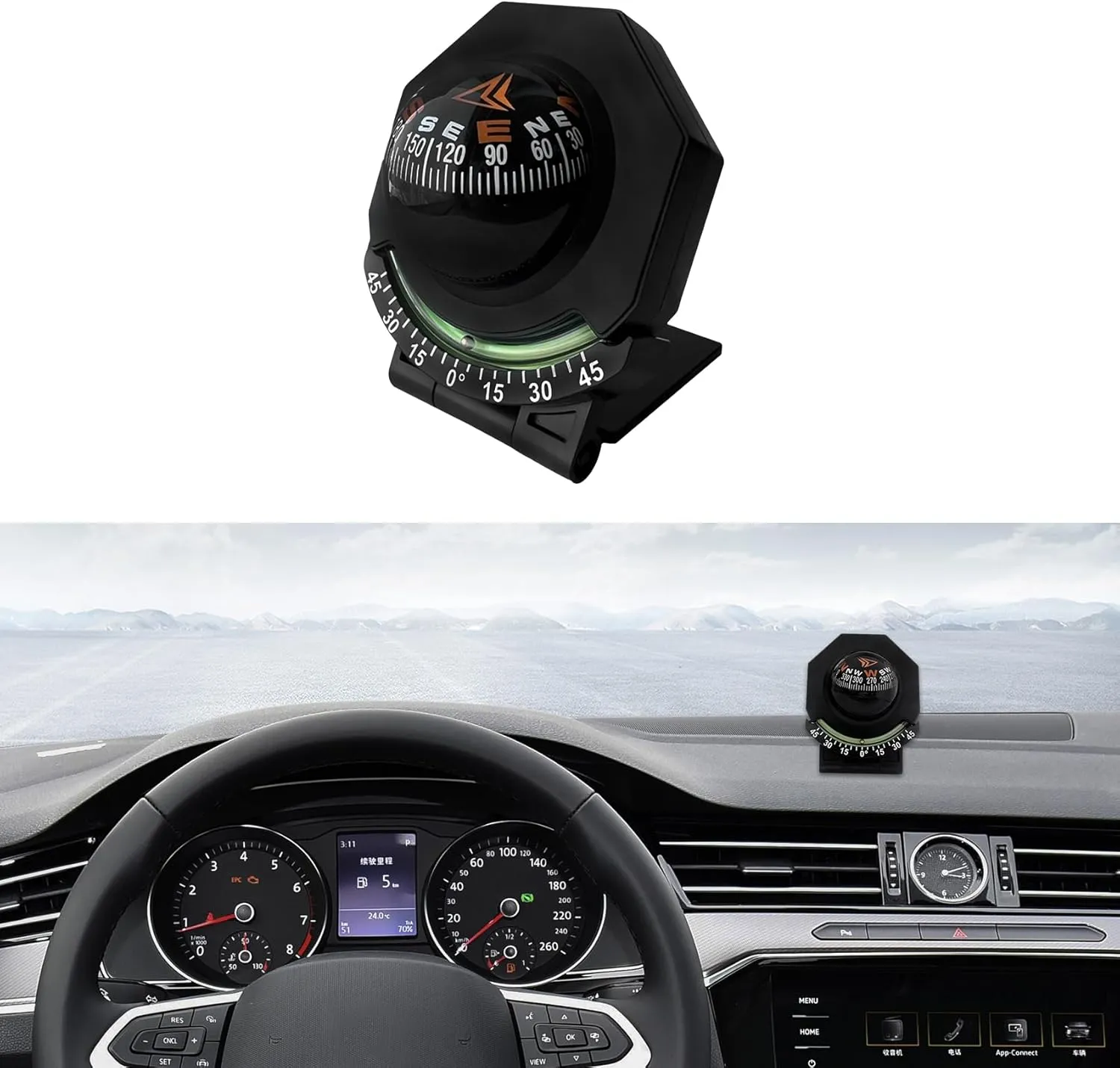 Car Compass, Small Car Compass, Car Dashboard Compasses Ball with Slope Meter, Foldable Adjustable Night Light Navigation Compasses Auto Accessories Universal for Marine Boat Ship