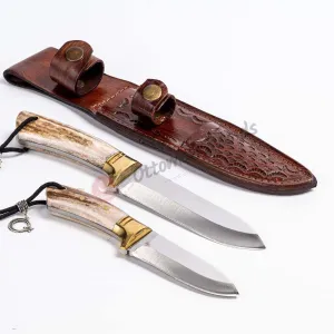 Deer Antler Brass Bolster Handle Hunting Knife Set