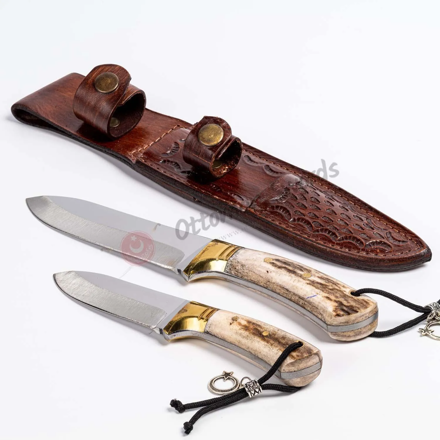 Deer Antler Brass Bolster Handle Hunting Knife Set
