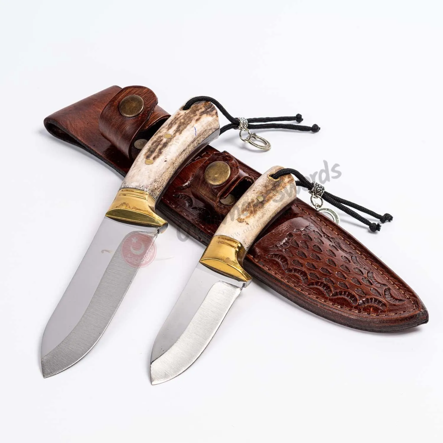 Deer Antler Brass Bolster Handle Hunting Knife Set
