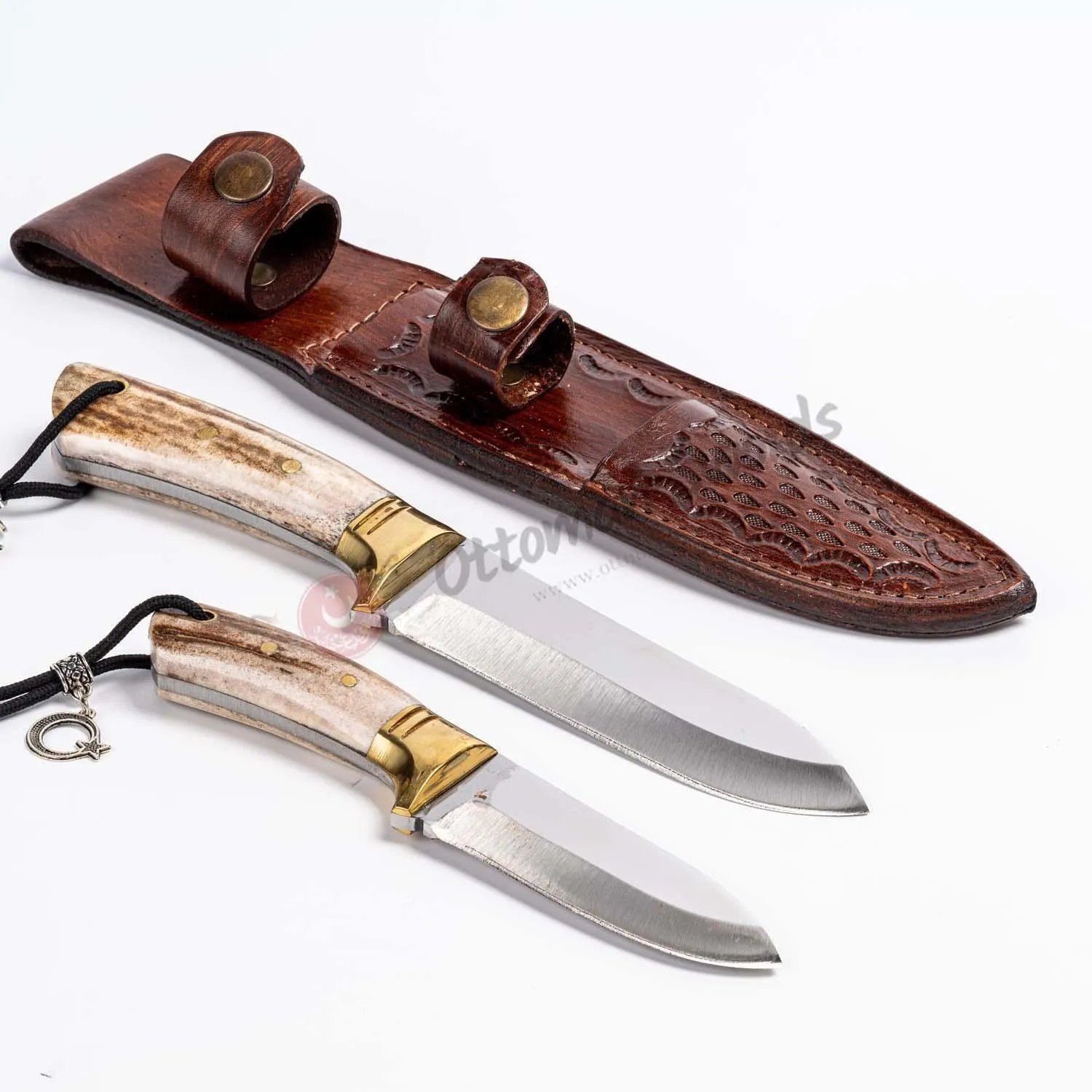 Deer Antler Brass Bolster Handle Hunting Knife Set